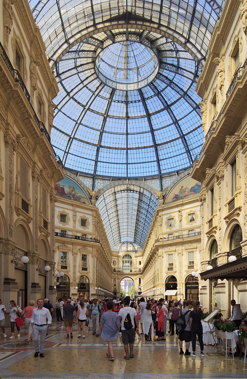 Interior view beneath the glass dome of Galleria Vittorio Emanuele II in Milan.